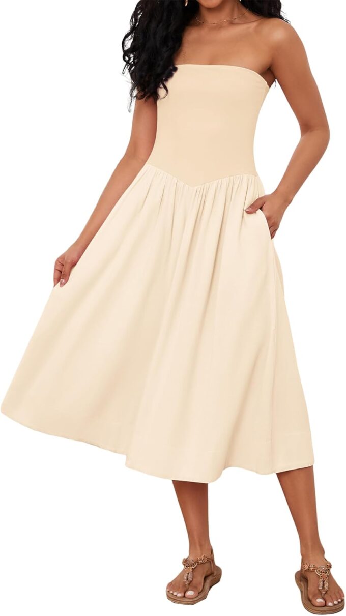 Livtany Women Off Shoulder Midi Dress Strapless Sleeveless Drop-Waist A Line Tube Dress Trendy Summer Swing Patchwork Dress