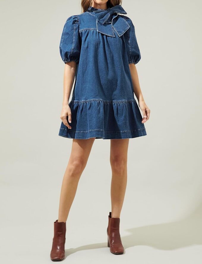 Women Summer Puff Short Sleeve Denim Dress Mock Neck Babydoll Jean Dress with Bow – Bild 5
