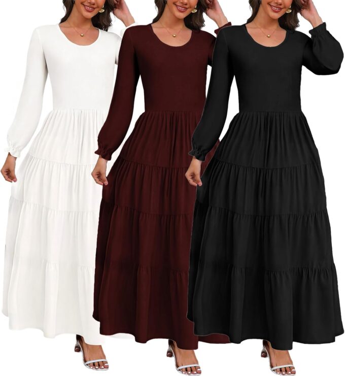 SperLucky Women's Maxi Dress Solid Color V Neck Button Accents Drawstring with Cinched Waist Elastic Cuffs Flowy Dress – Bild 2