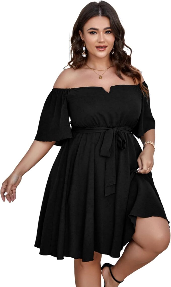 SCOMCHIC Womens Plus Size Cocktail Dress Summer Off Shoulder Short Sleeve Flowy Ruffle A-Line Cute Mini Dress with Belt – Bild 4