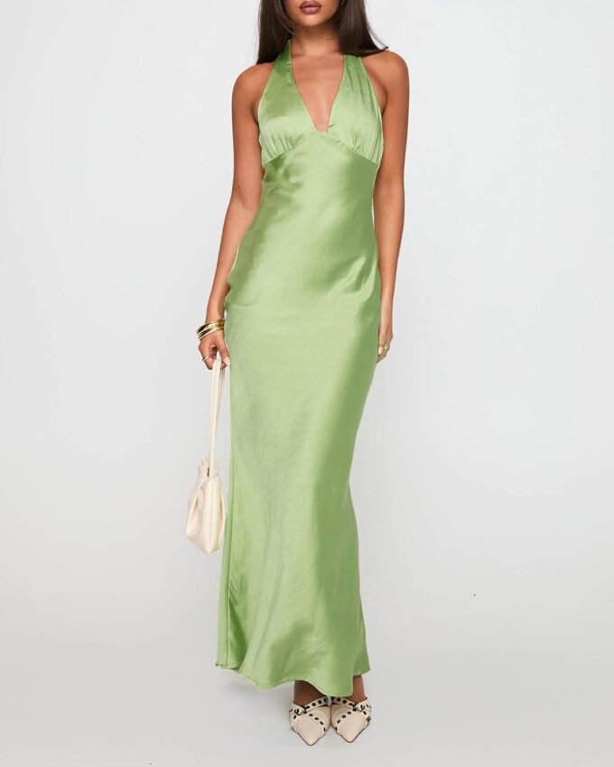 Women's Satin Dresses Summer Bodycon Sexy Halter V Neck Backless Elegant Formal Prom Cocktail Wedding Guest Maxi Dress – Bild 4