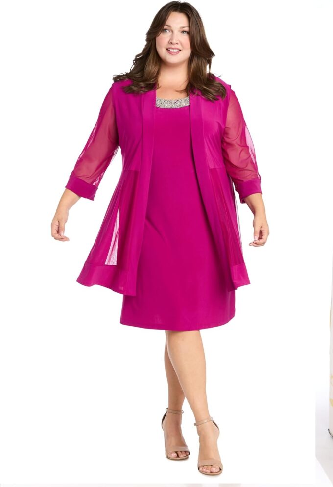 R&M Richards Women's Size 2 Piece Mesh Panel Bead Neck Jack Et Dress Plus – Bild 6