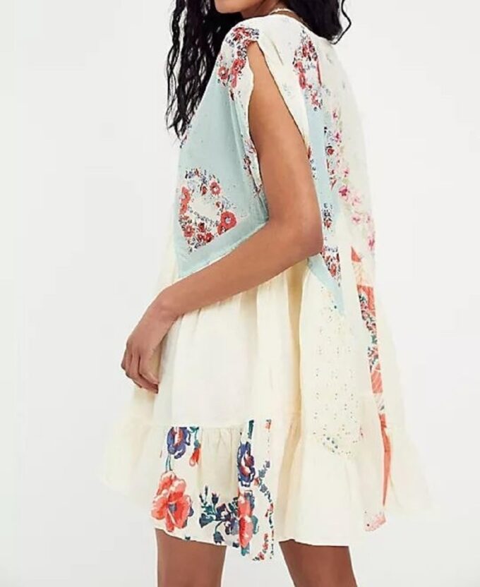 Women Bohemian Floral Mini Dress Y2K Babydoll V Neck Short Dress Loose Fit Patchwork Dress Beach – Bild 4