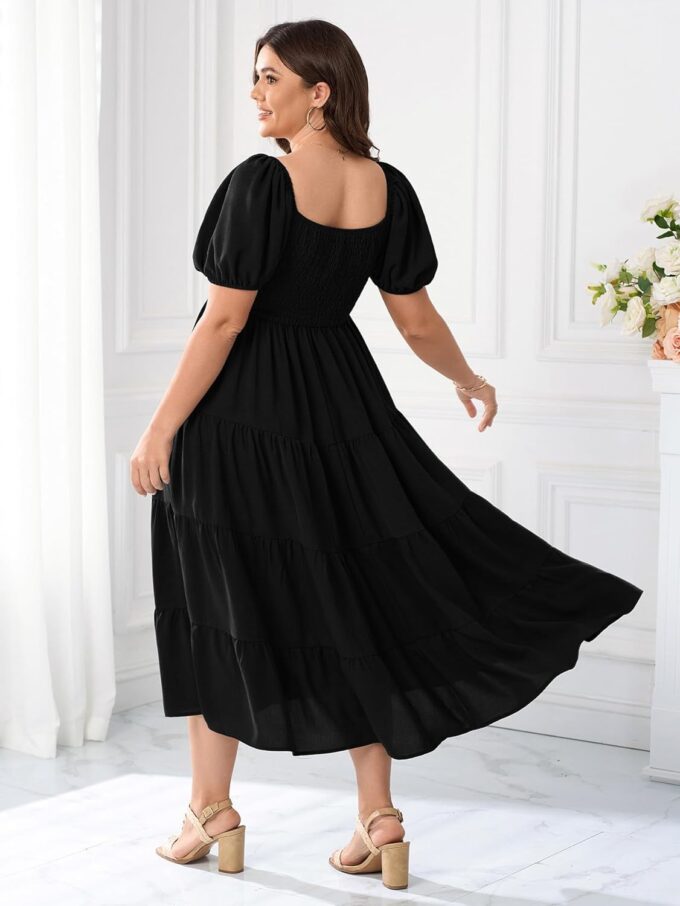 Womens Plus Size Casual Dress Short Puff Sleeve Square Neck Smocked Tiered Summer A Line Flowy Long Maxi Dresses – Bild 5