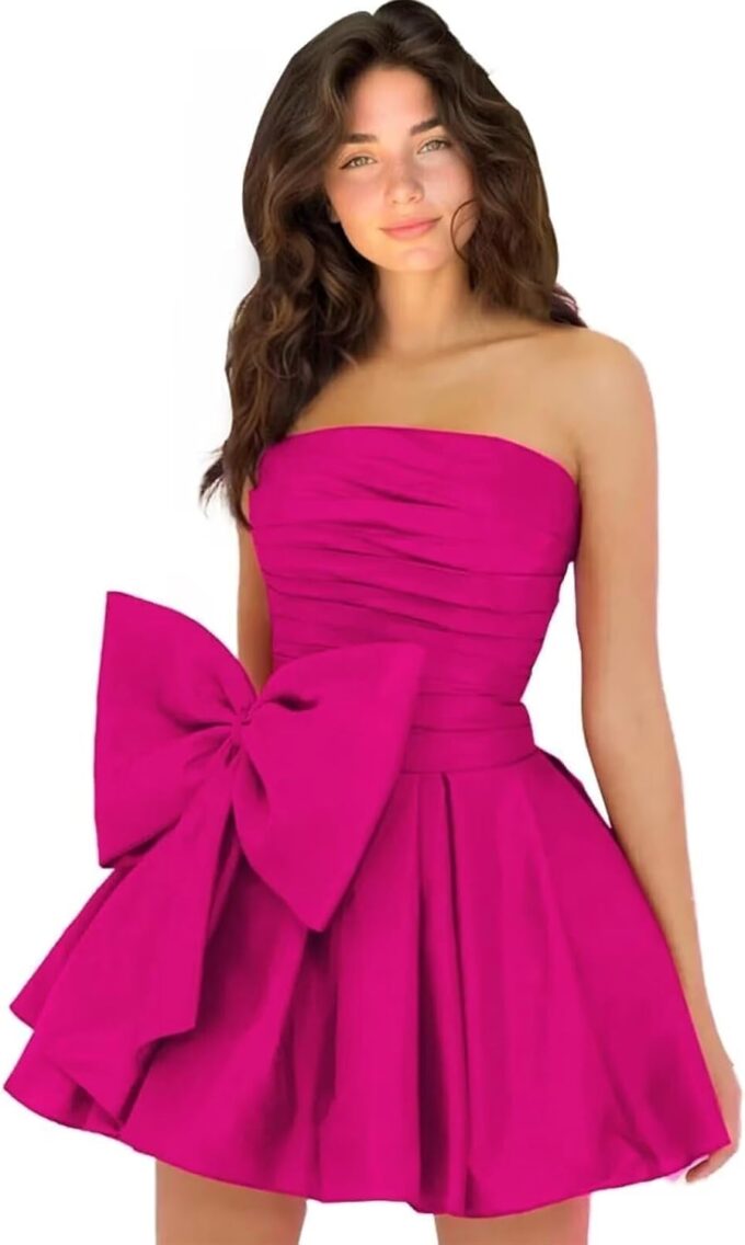 Strapless Ruffle Satin Homecoming Dresses with Bow for Teens Short A-Line Prom Dress Mini Cocktail Party Gowns for Juniors