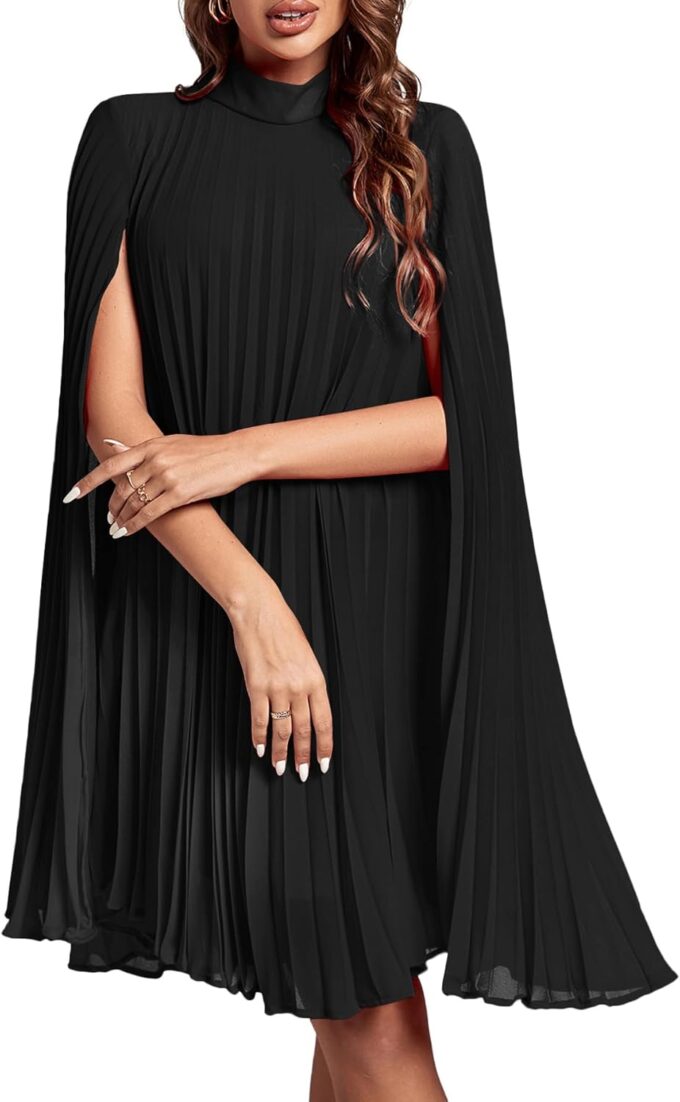 Rooscier Women's Mock Neck Cloak Sleeve Pleated Keyhole Back Flowy Party Midi Dress – Bild 2