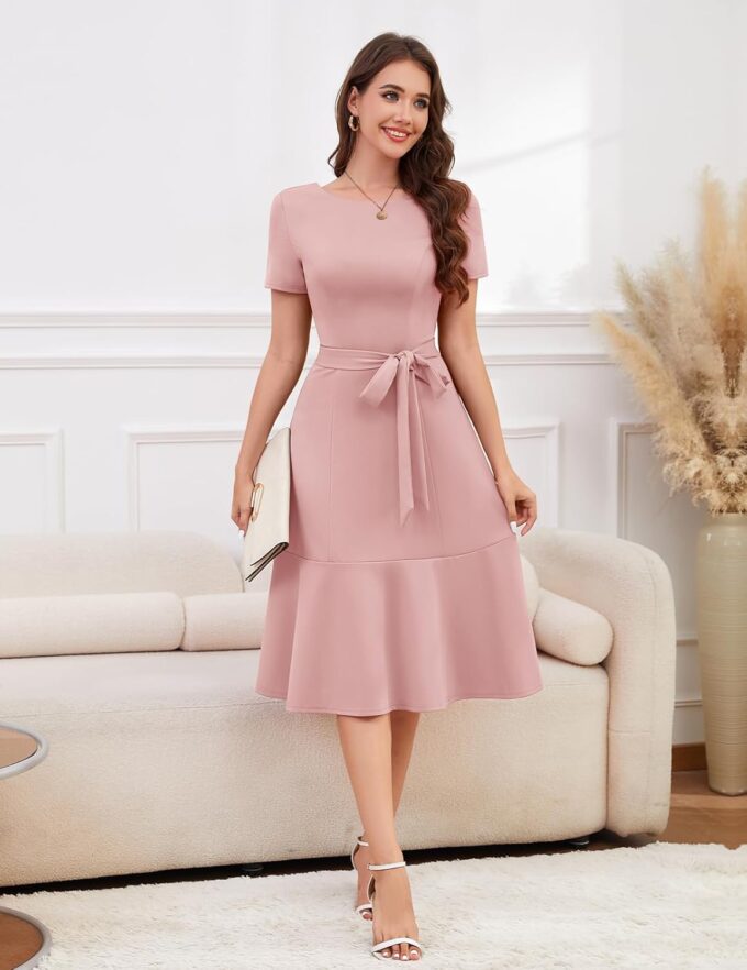 Bbonlinedress Womens Short Sleeve Wedding Guest Dresses Cocktail Vintage Party Church Formal A-Line Midi Dress with Belt – Bild 3