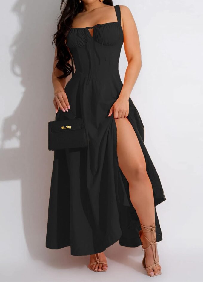 Women Summer Milkmaid Corset Dress Spaghetti Strap Bustier A Line Slit Swing Flowy Dress Casual Beach Vacation Sundress – Bild 5