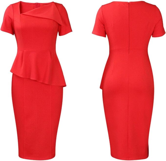 Damen Elegant Schößchen Bodycon Kleid Diagonaler Kragen Kurzarm Büro Arbeit Midi Bleistiftkleid – Bild 3