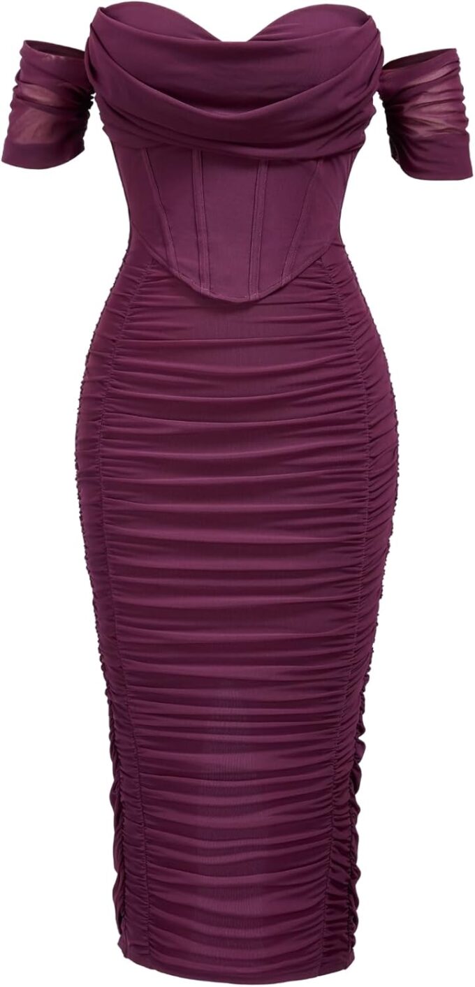 Women's Summer Off The Shoulder with Built-in Bra Sleeveless Corset Ruched Formal Evening Bodycon Midi Dress