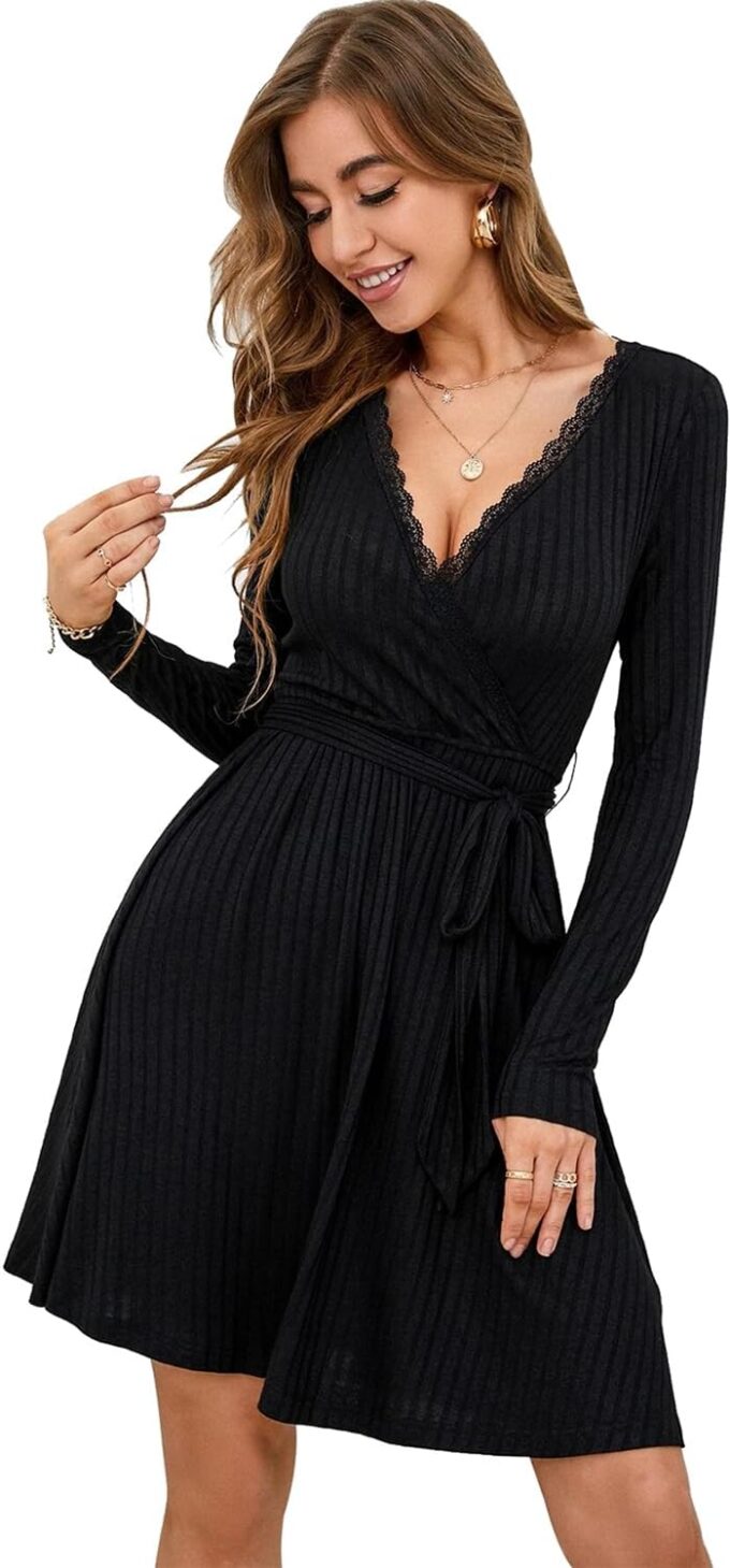 FANCYINN Womens Velvet Dress Deep V Ruffle Hem Long Lantern Sleeve A Line Mini Casual Winter Party Dresses – Bild 2