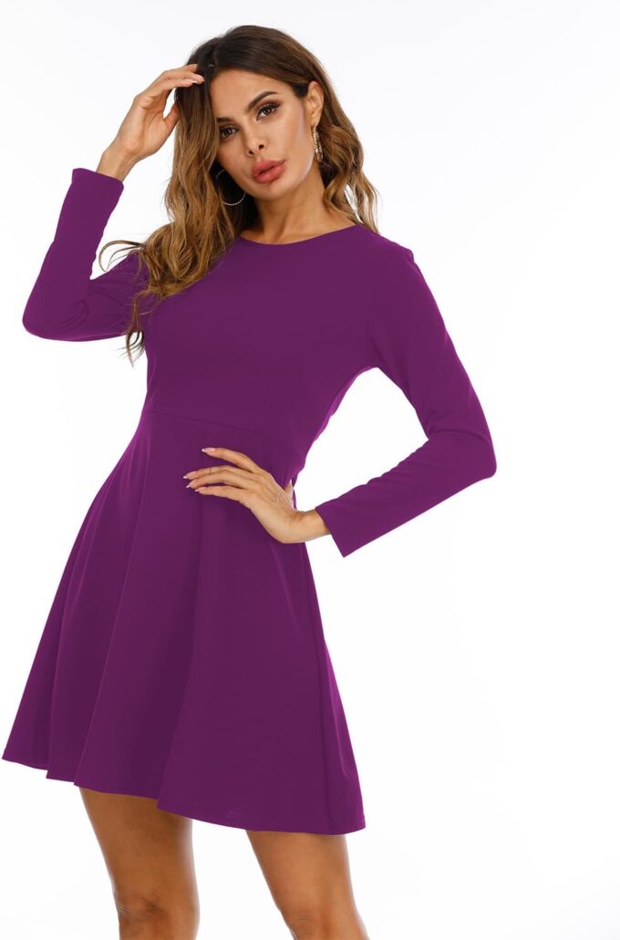 Jusfitsu Langärmeliges Damenkleid, lässig, schlicht, A-Linie, knielang, Rock, schmale Passform, Skaterkleid – Bild 3