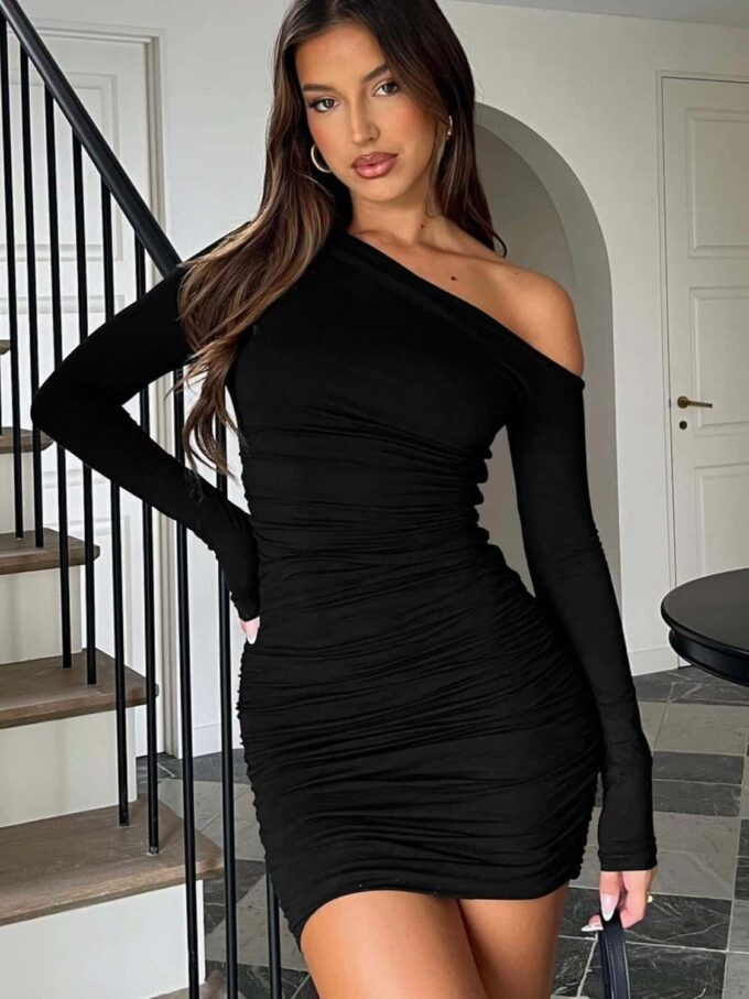 YOXUA Women's Elegant Sexy Off Shoulder Dress Long Sleeve Bodycon Ruched Formal Cocktail Party Mini Dresses – Bild 5