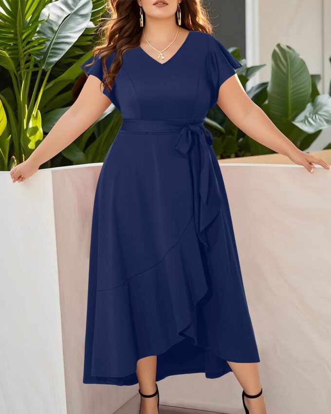Women Plus Size Wedding Guest Dress - Formal Cocktail Split Ruffle V Neck High Low Party Long Maxi Dresses 2025 – Bild 3