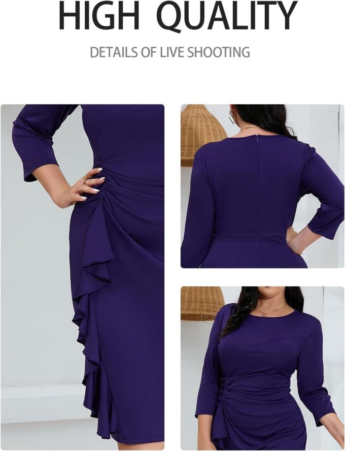 Plus Size Dresses for Curvy Women 3/4 Sleeve Bodycon Fit Ruffle Midi Pencil Dress – Bild 5
