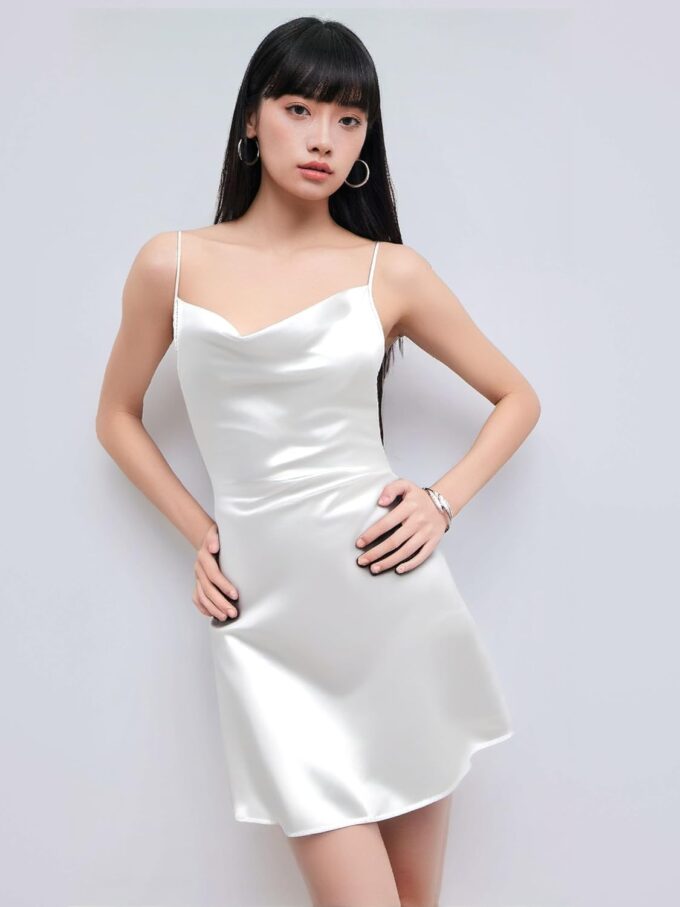 CIDER Women Summer 2025 Wedding Guest Cocktail Dresses Solid Satin Cowl Neck Cami Mini Dress – Bild 4