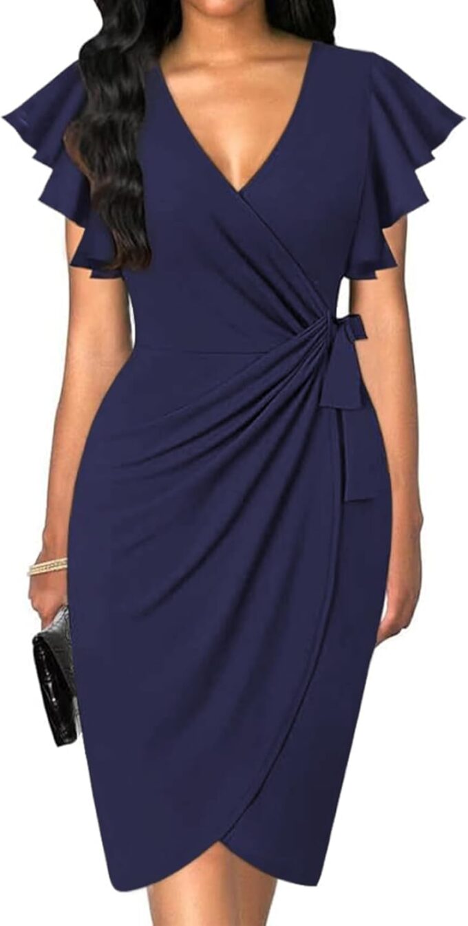 2024 Damen-Wickelkleid mit tiefem V-Ausschnitt, Rüschenärmel, Übergröße, formelle Arbeit, Cocktailparty, elegant, gerüscht, Midi-Wickelkleid mit Gürtel