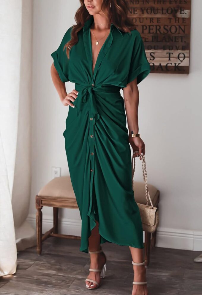 Women Elegant Satin Button Down Short Sleeve Maxi Shirt Dress with Belt – Bild 3
