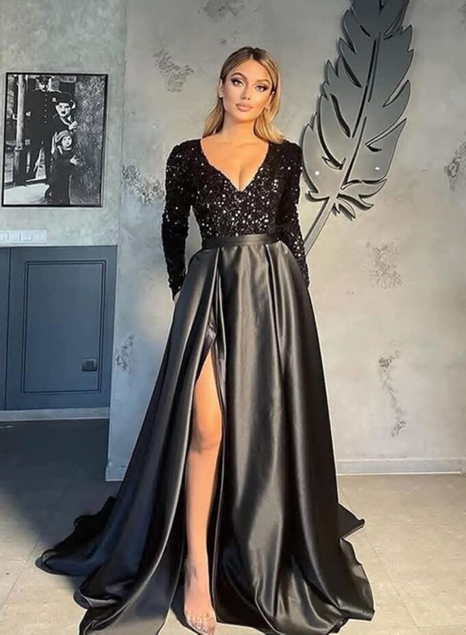 Women's Sequin Prom Dress with Pockets Long Sleeve Satin Formal Evening Dress with Slit PD2 – Bild 2