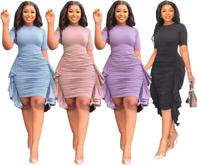 acelyn Women’s Sexy Summer Ruched Bodycon Midi Dress Casual Short Sleeve Ruffle Side Fitted Dresses – Bild 5