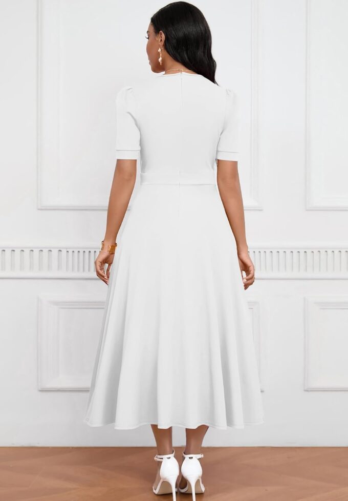 Womens Midi Dresses V Neck Cocktail Church Tea Dresses Short Sleeve A-Line Swing Dresses – Bild 2