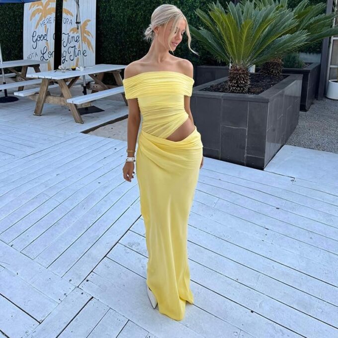 Women Off Shoulder Bodycon Maxi Dress Layered Mesh Ruched Hollow Out Party Formal Wedding Guest Dresses for Party – Bild 2