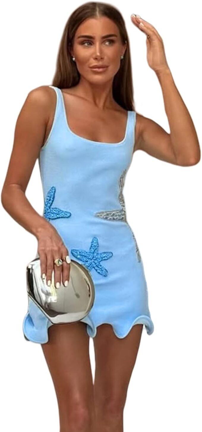 Suillty Women's Sequin Starfish Ruffle Hem Mini Tank Dress Sexy Square Neck Sleeveless Knit Bodycon for Party Club