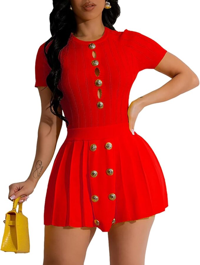 Women's 2 Piece Outfits Knitted Crop Top Pleated Mini Skirt Set for Summer Party Club Going Out