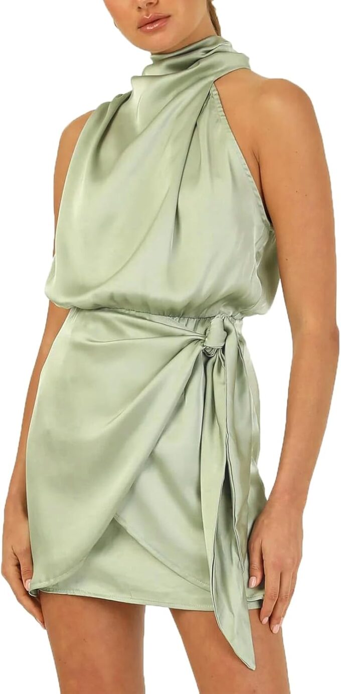 Plustrong Women's Short Formal Satin Dress Summer Halter Neck Sleeveless Bodycon Cocktail Party Dresses