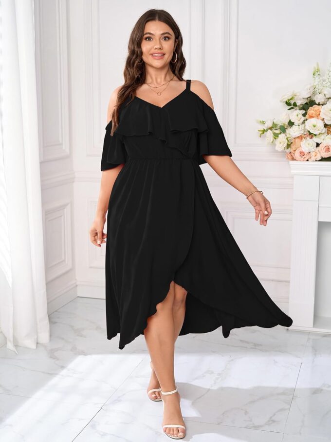 Womens Plus Size Cold Shoulder Dress Short Sleeve Ruffle Summer Sundress High Low Flowy Maxi Long Dresses – Bild 6