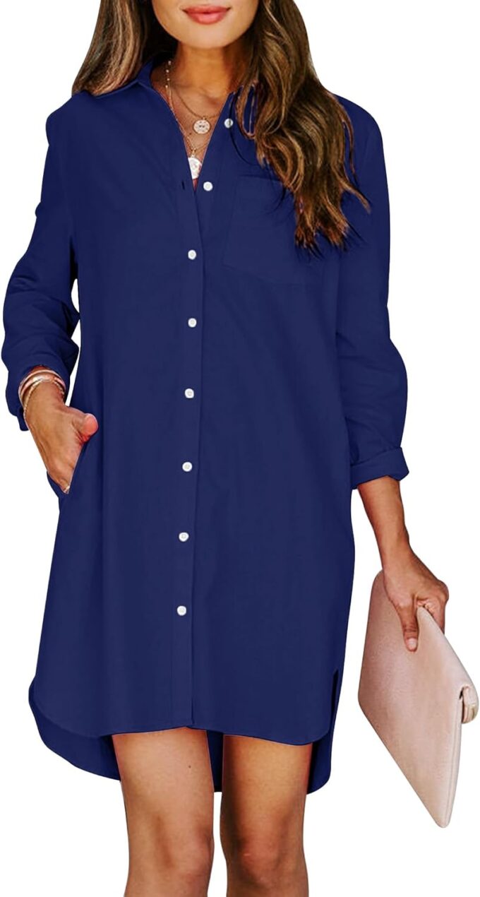 Womens Button Down Shirt Dresses with Pockets Cotton Button Up Tunics Long Sleeve Solid High Low Blouse Tops