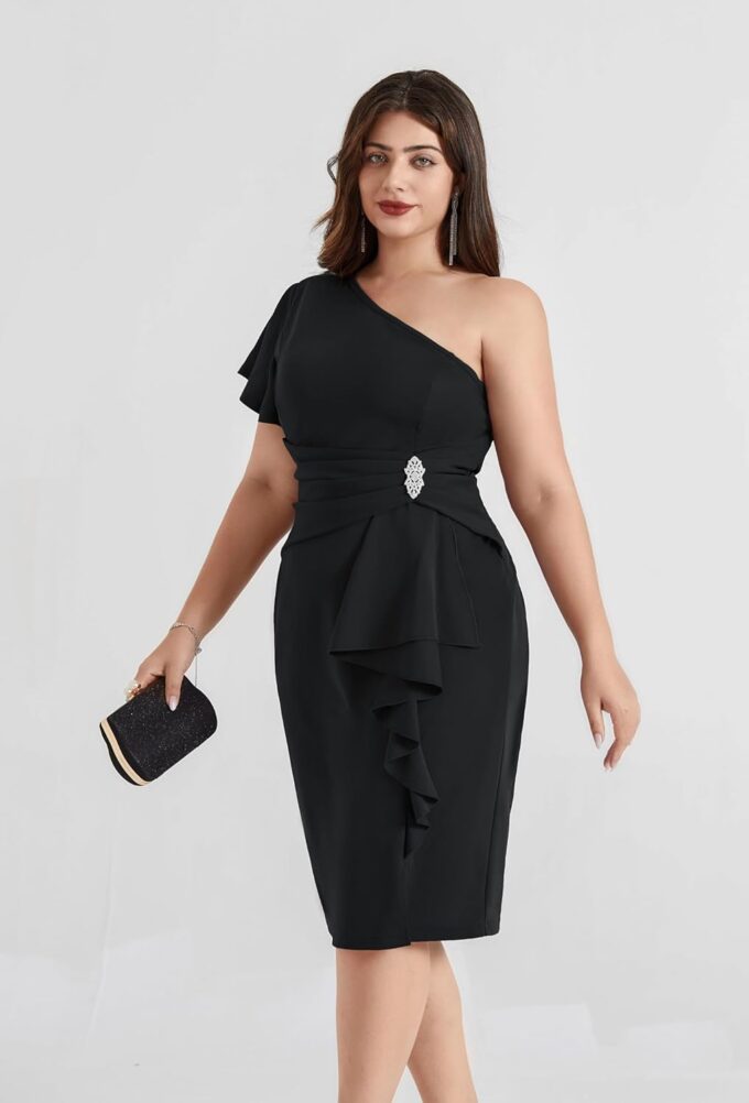 Hanna Nikole Women Plus Size One Shoulder Dress Sexy Ruched Bodycon Cocktail Dress with Rhinestone – Bild 3