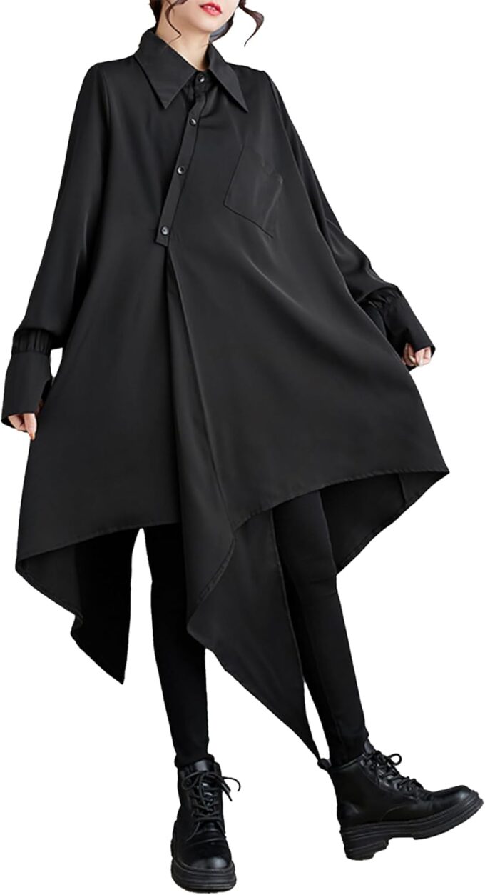 ellazhu Women's Oversized Solid Color Long Sleeve Back Slit Flowy Irregular Hem Shirt GZ150
