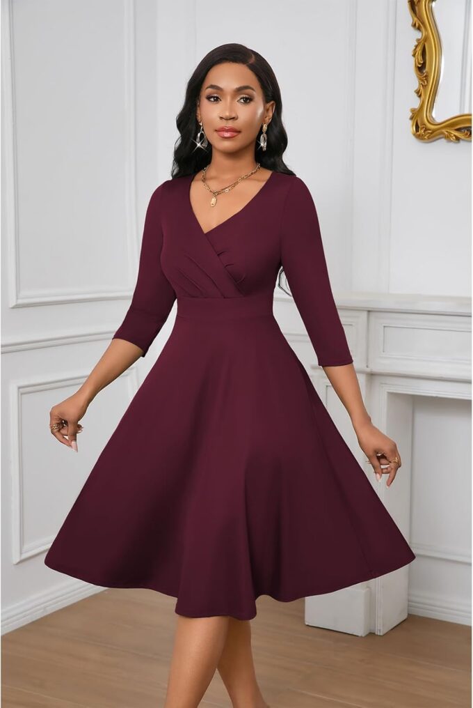 Womens Summer Dress 3/4 Sleeves V Neck 1950s Retro Vintage Wedding Cocktail Party Swing Flowy Wrap Midi Dresses Burgundy L – Bild 3