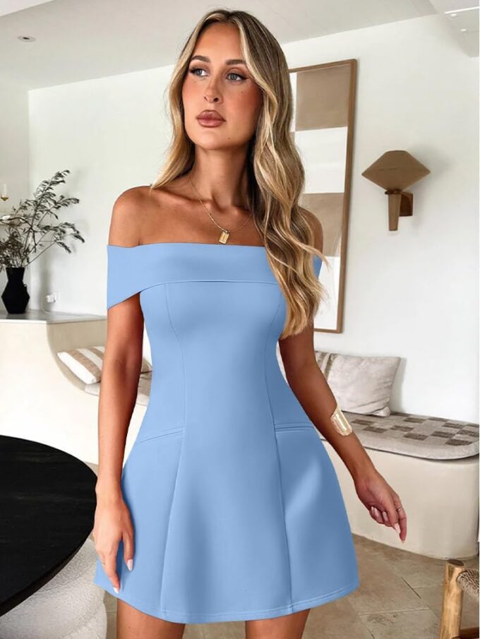 XXTAXN Women's Summer Sexy Off Shoulder Formal Wedding Guest A-Line Back Zipper Mini Dress with Pockets – Bild 4