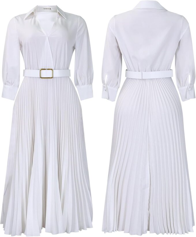 Famnbro Womens Pleated Dress V Neck Long Sleeve A line Church Formal Works Business Dresses with Belt – Bild 5