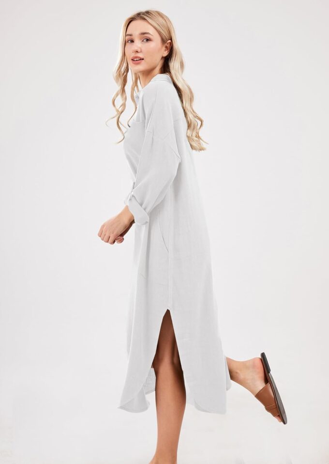 utcoco Womens Casual Loose Cotton Linen Long Shirt Dress Lapel Button Cuffed Sleeve Side Split Dresses with Pockets – Bild 5