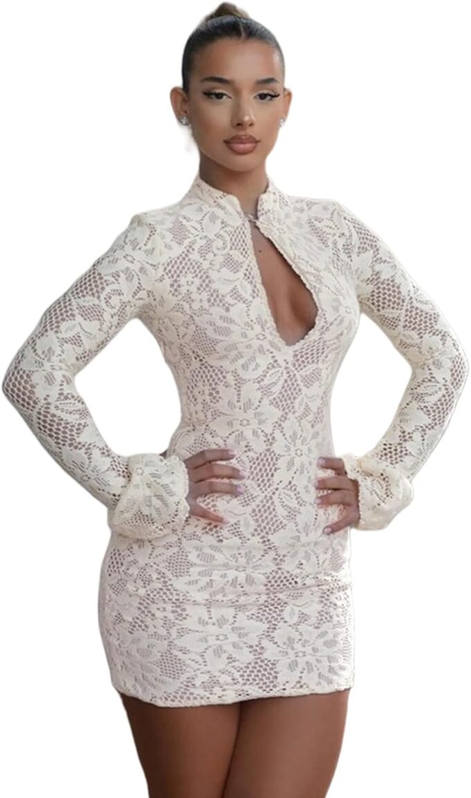 Women's Sexy Lace Long Flare Sleeve Hollow Out Mini Dress Half High Collar Bodycon Short Dresses for Party Club