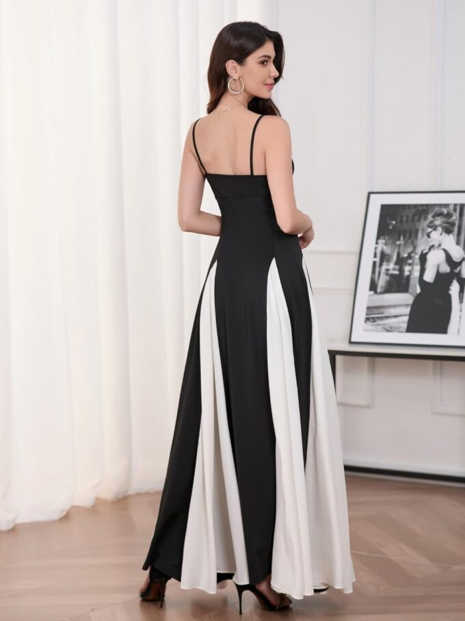 Women's Sexy Sleeveless Dress Low Cut Black & White Panelled Maxi Skirt High Waist Tight A-Line Flowing Slip Dress – Bild 6