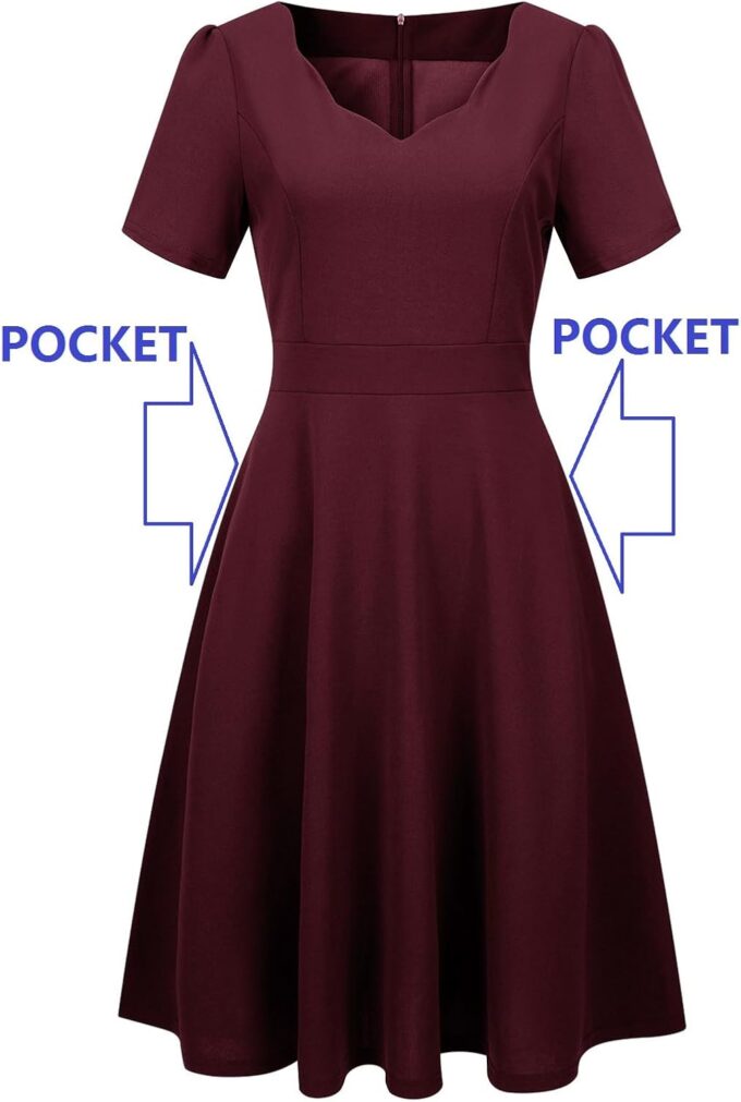 Damen Elegant Vintage 50er Jakobsmuschel Trim V-Ausschnitt Casual Arbeitskleid Swing A Linie Cocktail Party Kleider mit Taschen 755 – Bild 5