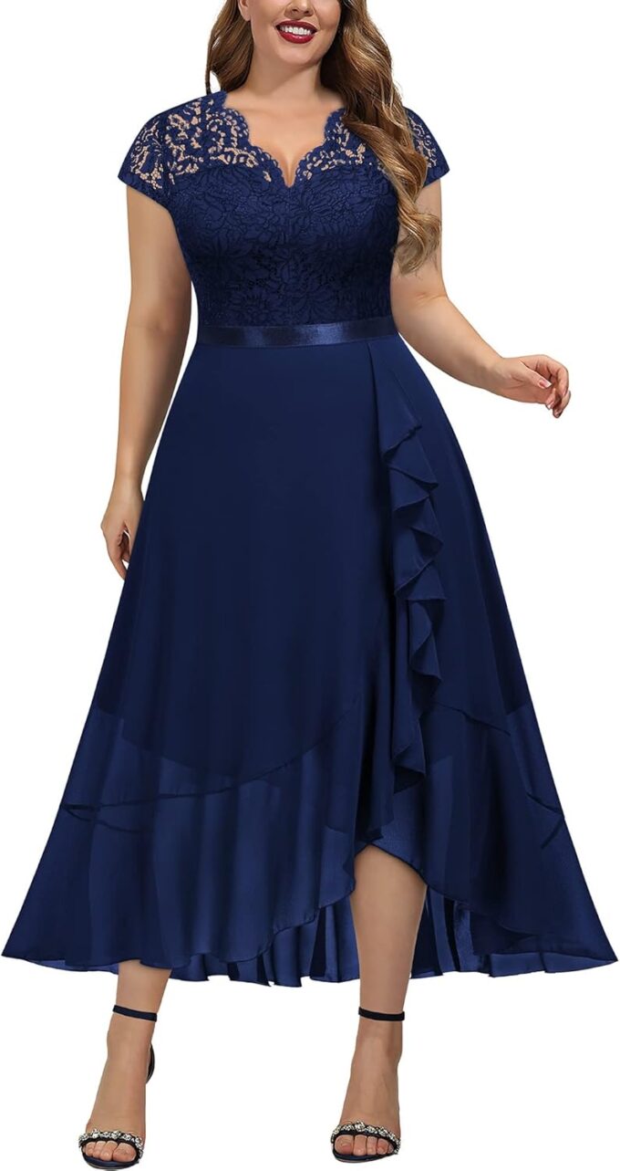 Miusol Women's Plus Size V Neck Elegant Floral Lace Ruffle Bridesmaid Maxi Dress