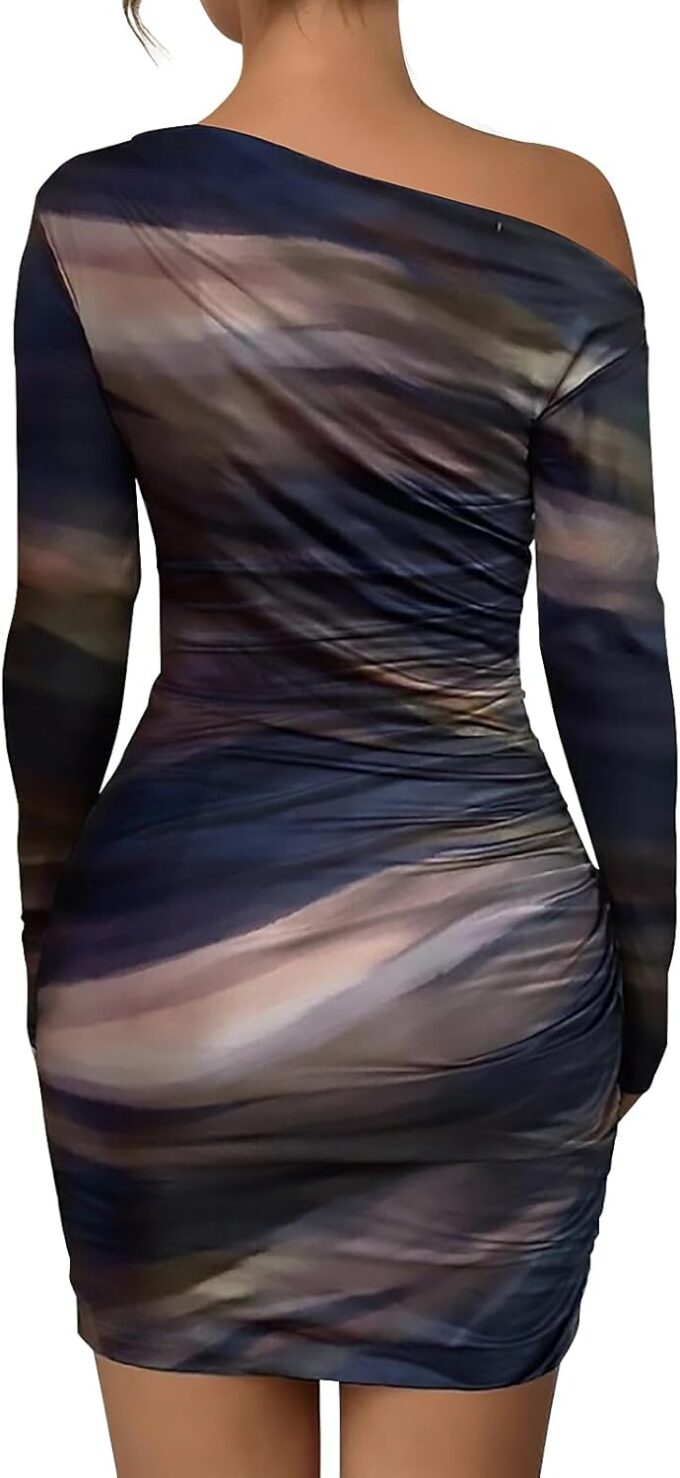 Women's Long Sleeve Bodycon Mini Dress Tie Dye Print Slim Fit Asymmetrical Neck Elegant Formal Ruched Short Dresses – Bild 5