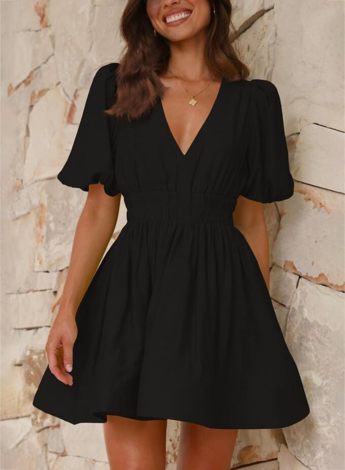 Women Sexy V Neck Mini Dress 2025 Summer Puff Sleeve A Line Elastic High Waist Flowy Swing Dresses – Bild 3