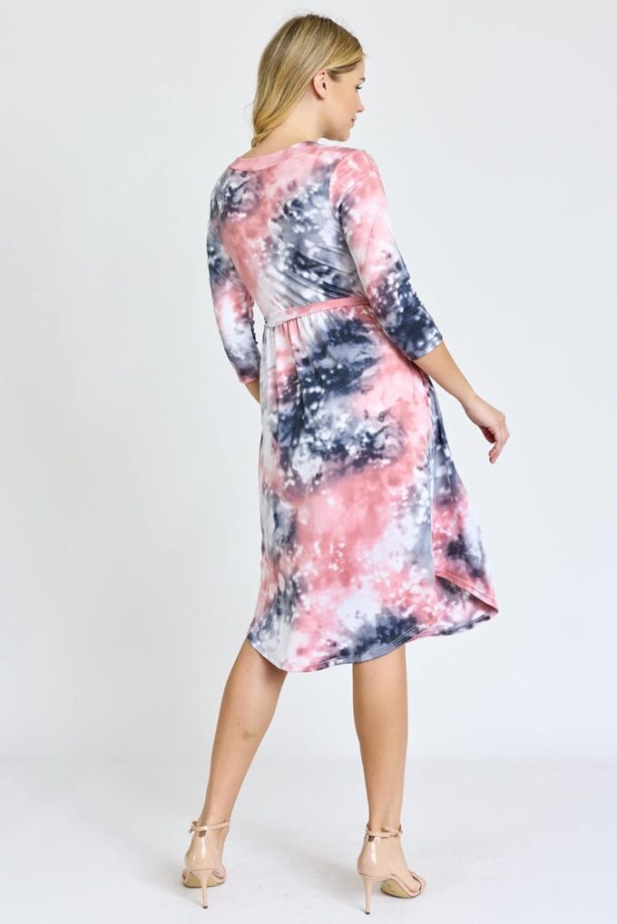 Eloges Damen-Midikleid mit 3/4-Ärmeln, Kontrastband/Schärpe, Blumenmuster/Streifen, gebogener Saum, mit Taschen, Eier – Bild 6
