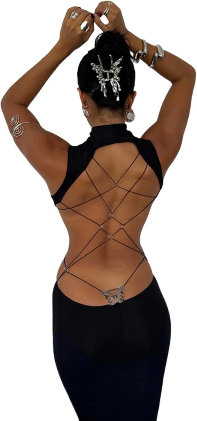 Women's Sexy Mock Neck Criss Cross Wrap Maxi Dress Silver Metal Butterfly Bodycon Long Dress Backless Party Dress – Bild 2