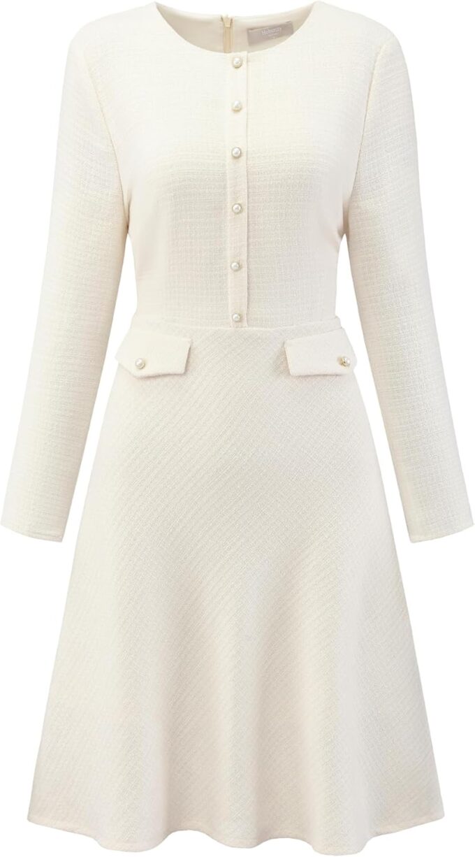 Hobemty Damen A-Linie Tweed Kleid Langarm Vintage Arbeit Flare Kleider