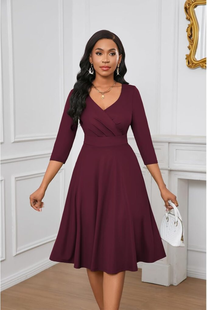 Womens Summer Dress 3/4 Sleeves V Neck 1950s Retro Vintage Wedding Cocktail Party Swing Flowy Wrap Midi Dresses Burgundy L – Bild 4