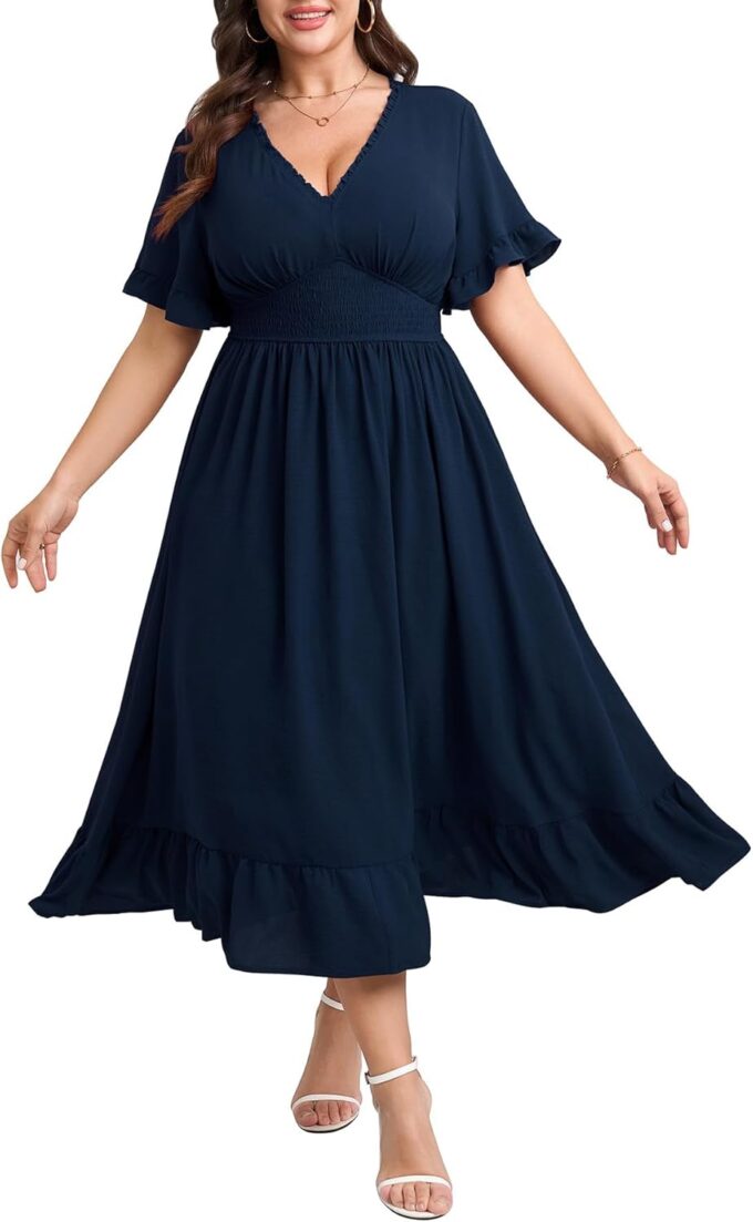 Women Plus Size V Neck Maxi Dress Short Sleeve Smocked Waist Ruffle Hem Flowy Summer Formal Wedding Guest Dresses – Bild 4