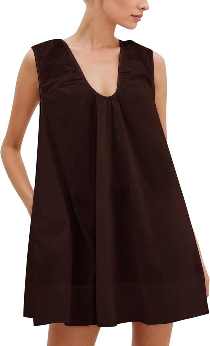 MISSACTIVER Women's Sleeveless Babydoll Tank Mini Dress Scoop Neck Ruched Short Dress with Pockets