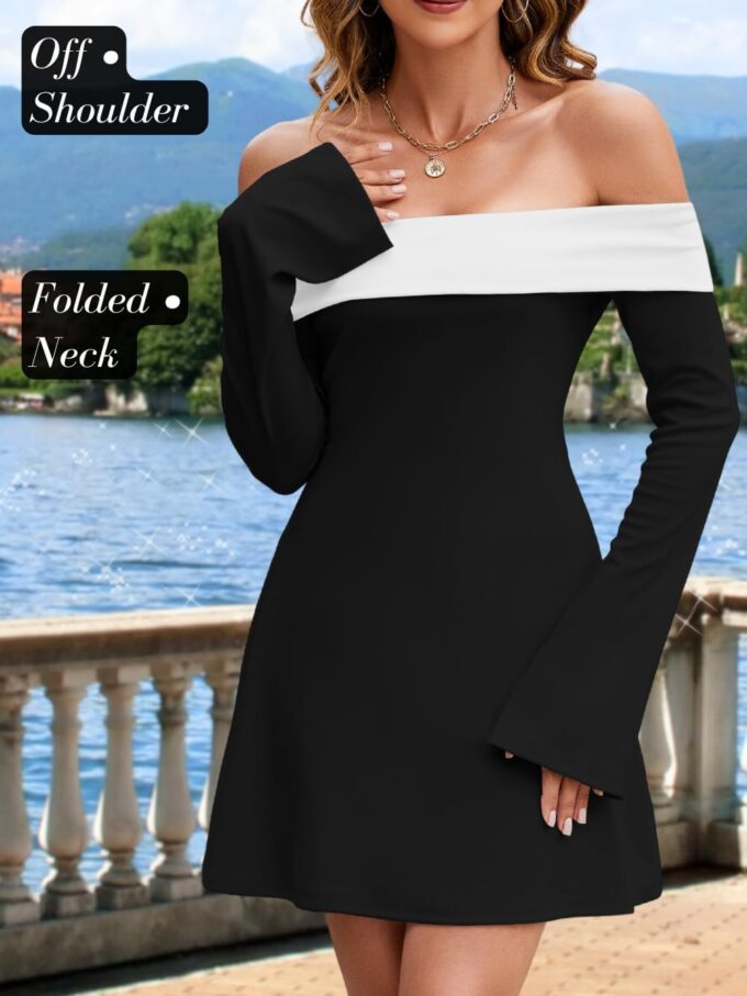 Off The Shoulder Bell Sleeve Corset Dress, Color Block Folded Neck, Cocktail Semi Formal HOCO Dresses for Women – Bild 2